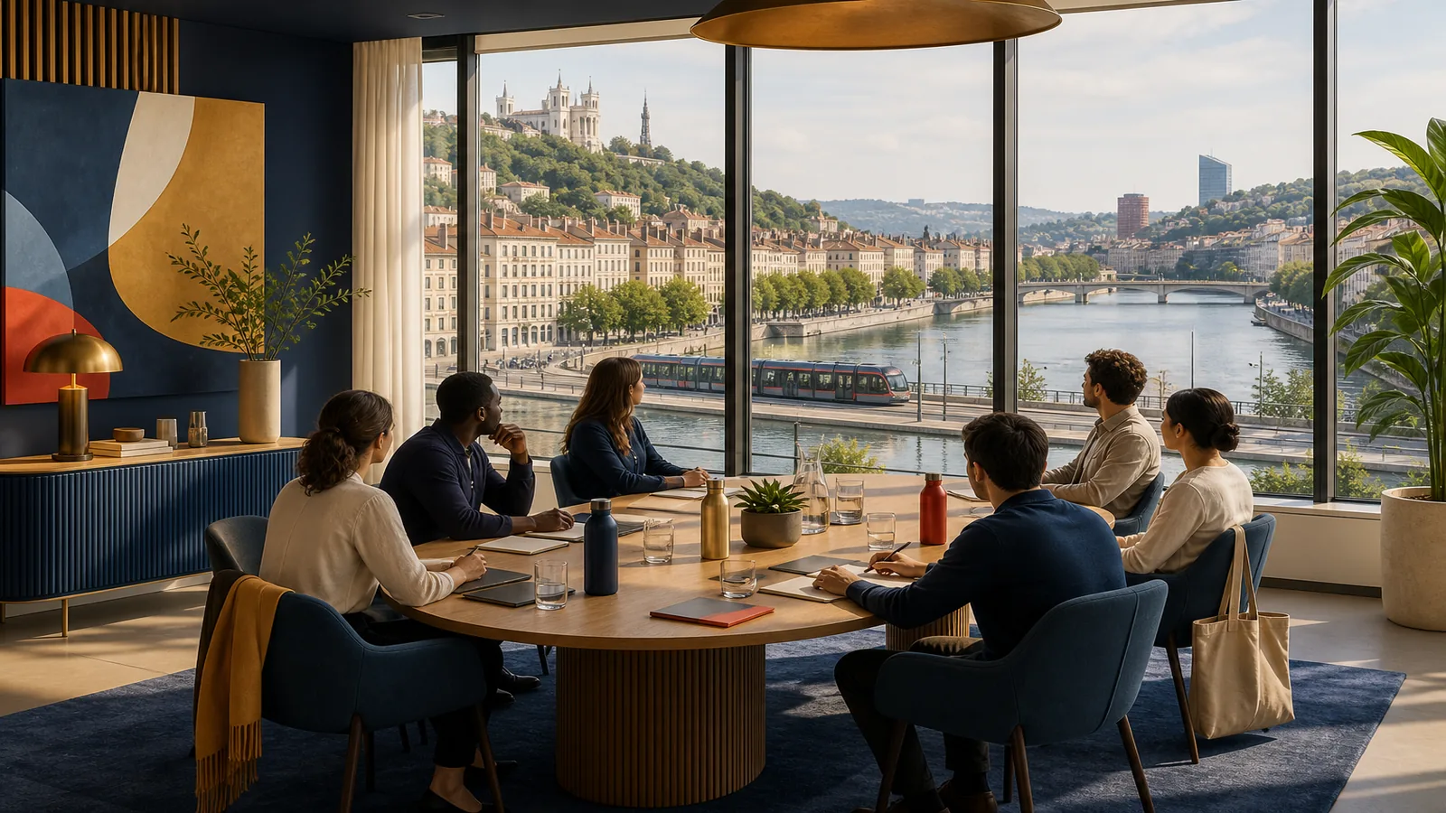 Équipe réunie en séminaire dans une salle donnant sur un paysage urbain lyonnais