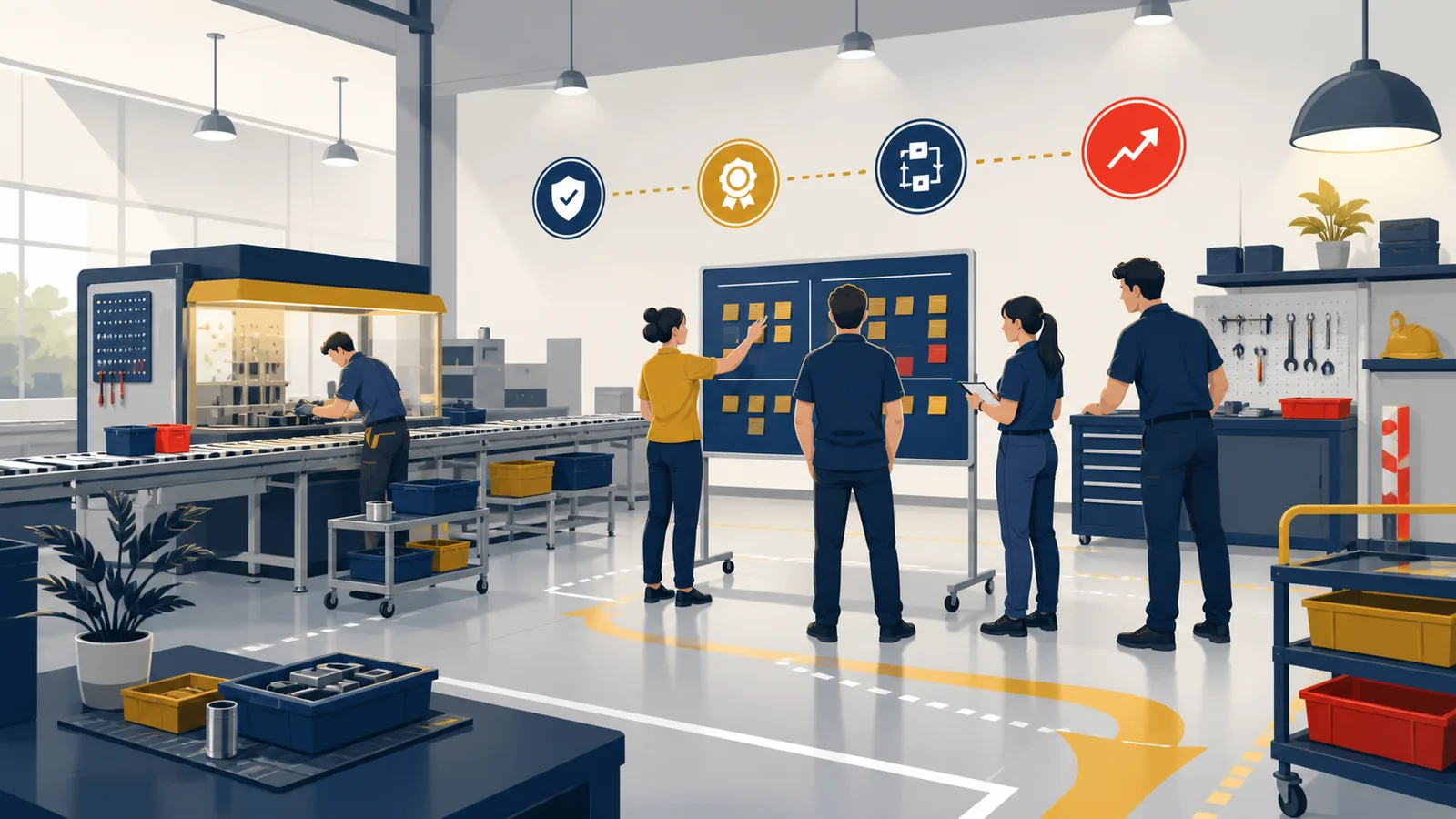 Équipe de PME améliorant un flux de production avec attention portée à la qualité et à la sécurité