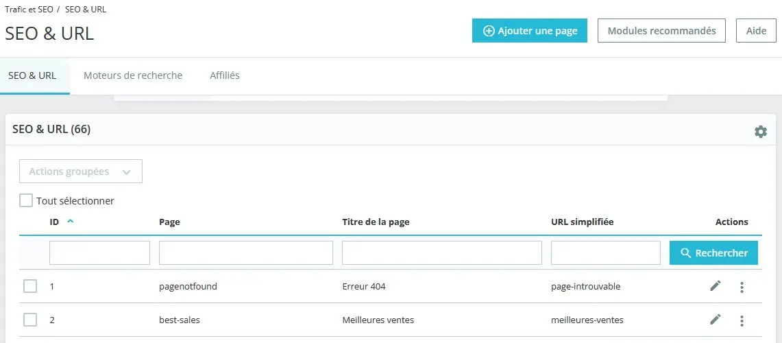 Section URL et SEO de PrestaShop