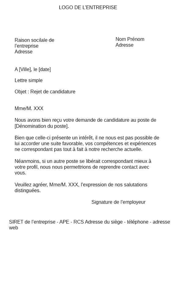 Rejet de candidature → Exemple Modèle de lettre Refuser un candidat